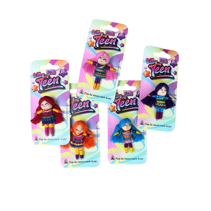 Four colorful packages of worry dolls with different hairstyles on a white background