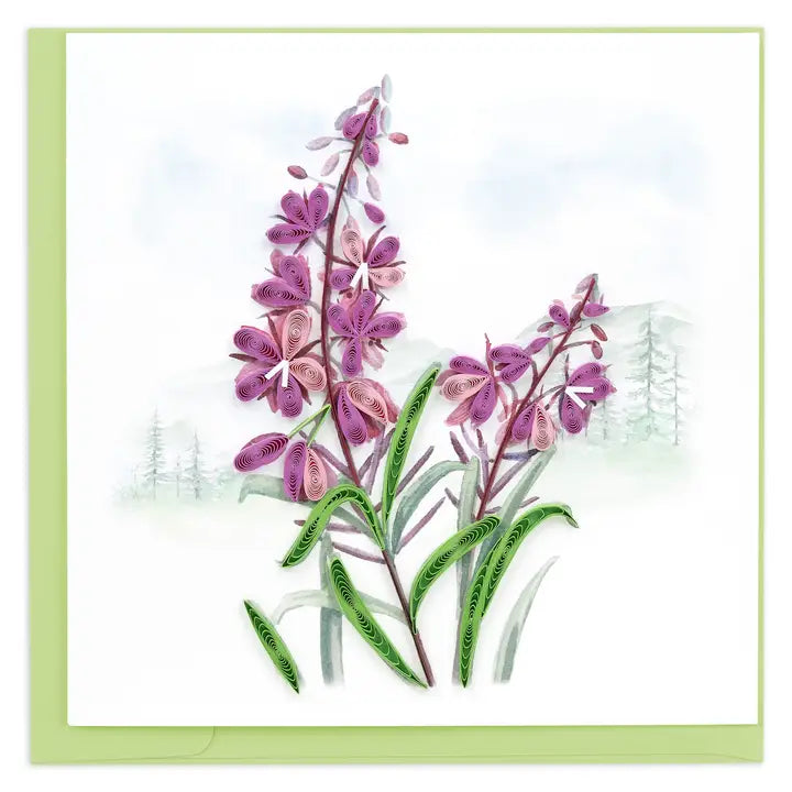 A square greeting card featuring a watercolor-style illustration of purple Alaskan Fireweed wildflowers with green leaves and stems, set against a soft white background with a light green border.