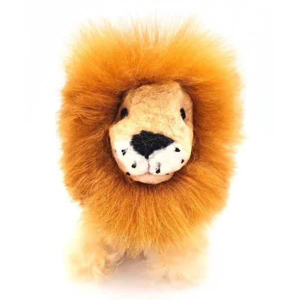 a furry plush lion made from alpaca fur