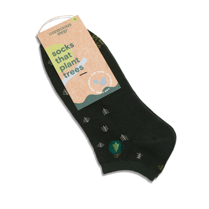 green sock with tree planting design on a white background