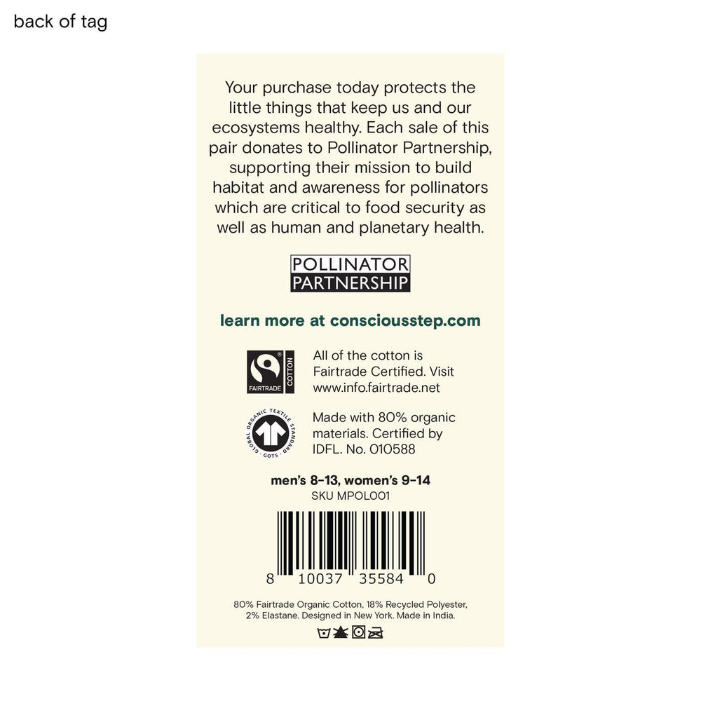 Back of tag states each sale of this pair of socks donates to Pollinator Partnership.