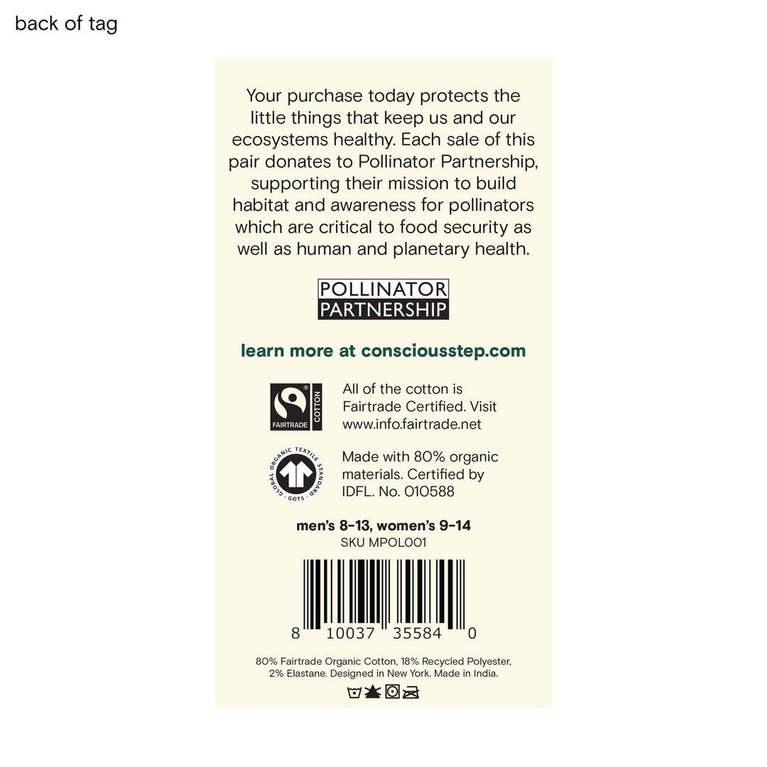 Back of tag states each sale of this pair of socks donates to Pollinator Partnership.