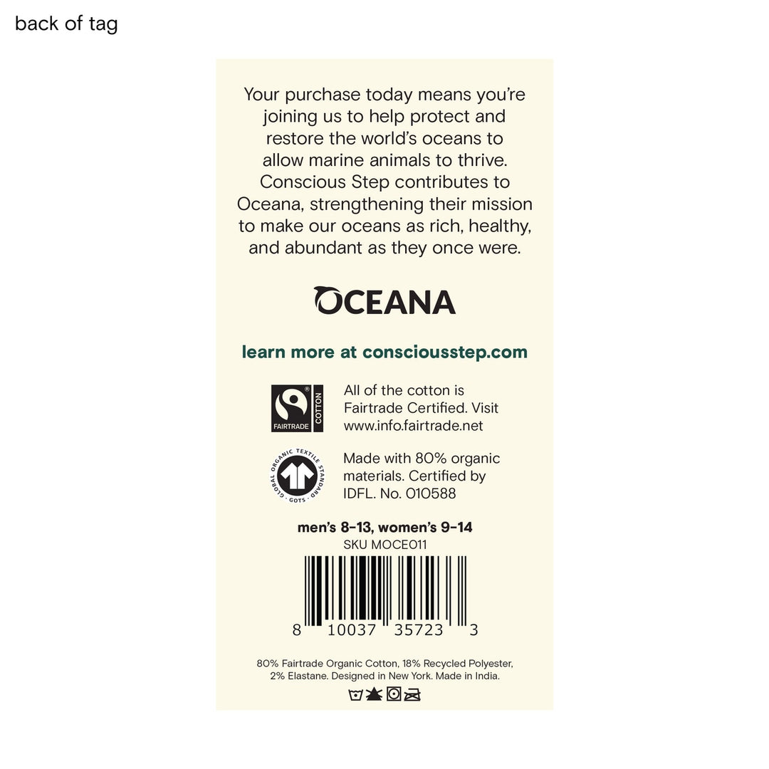 Back of a product tag with Oceana branding and sustainability information.