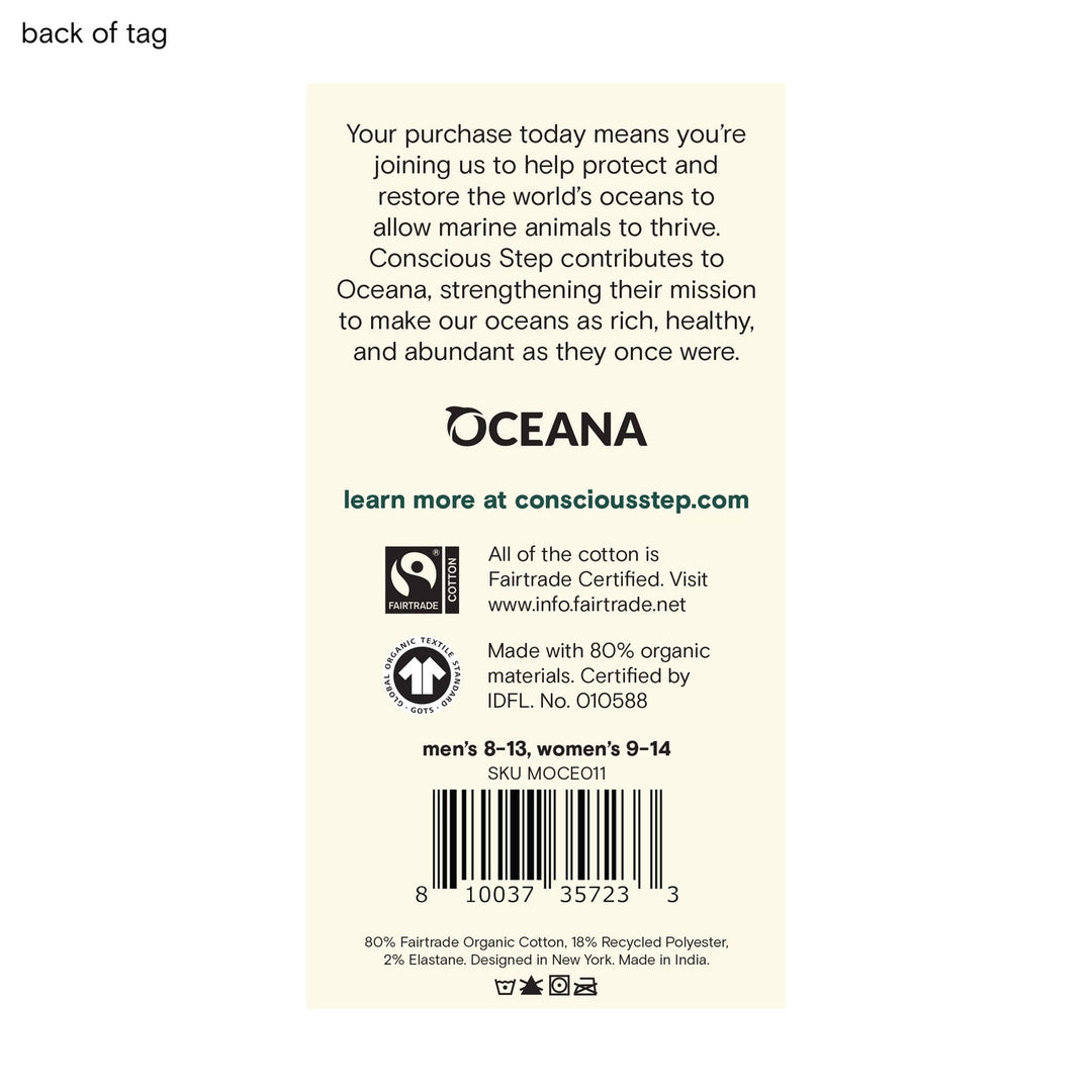 Back of a product tag with Oceana branding and sustainability information.
