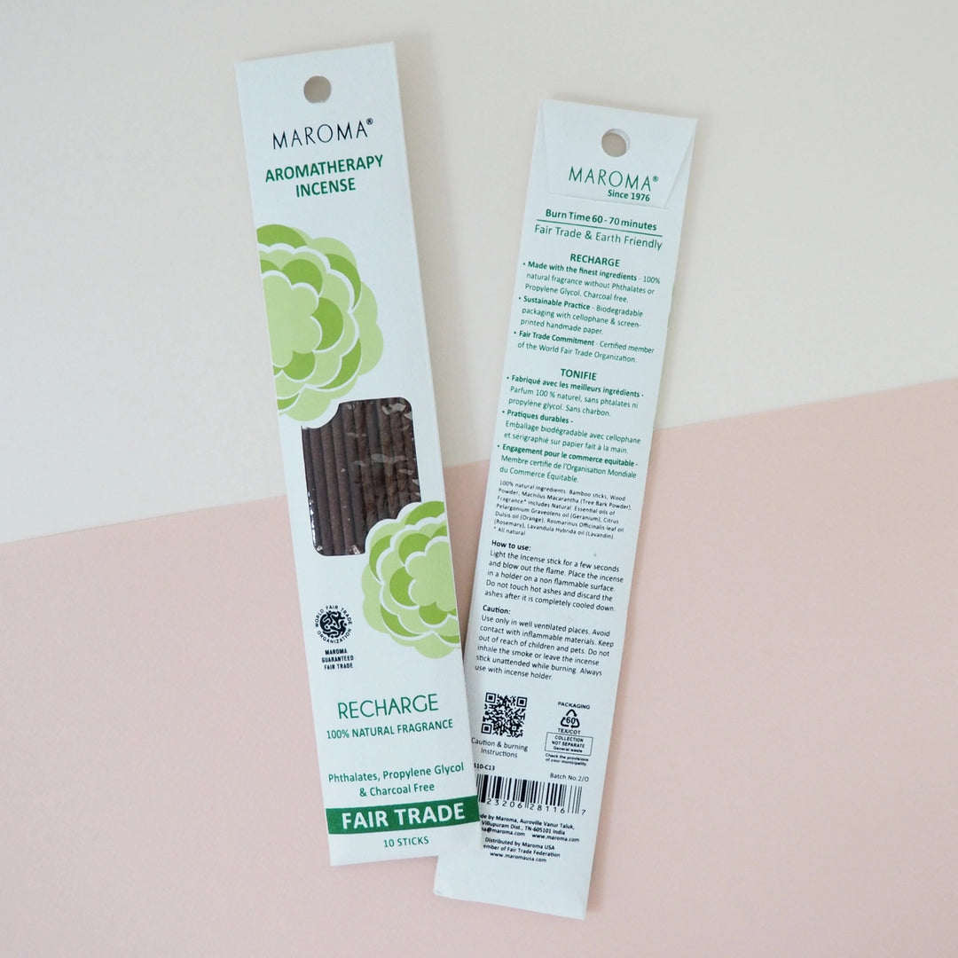 Maroma aromatherapy incense packaging on a light pink background