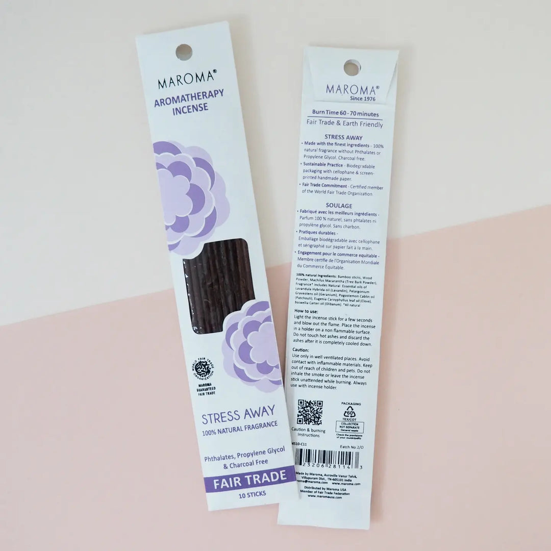 Maroma aromatherapy incense packaging on a light pink background