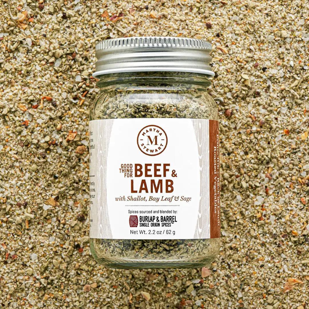 Jar of Martha Stewart seasoning mix for beef and lamb on a textured surface