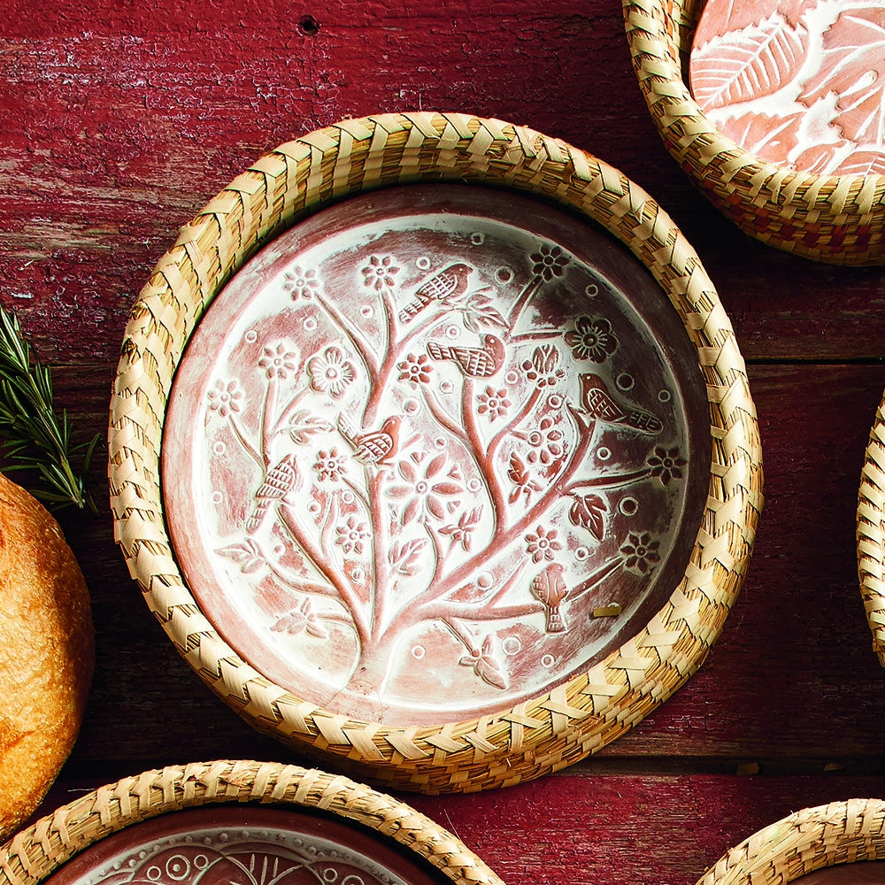 birds of a feather breadwarmer on a red painted wood