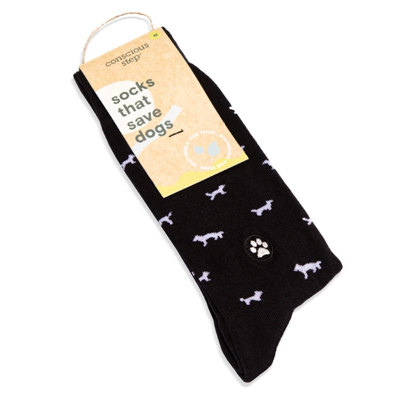black crew sock with white dogs 