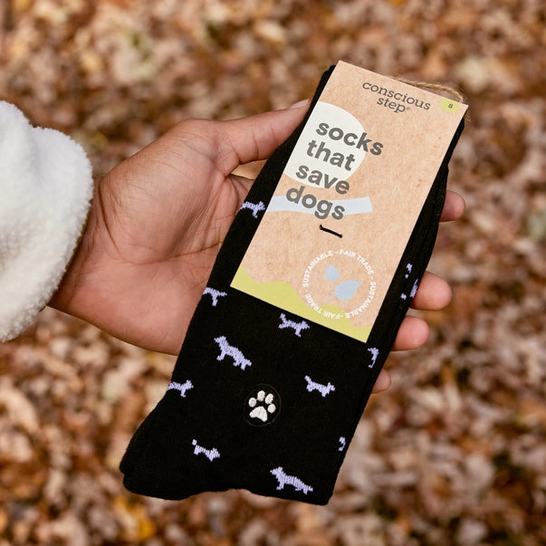 black crew sock with white dogs 