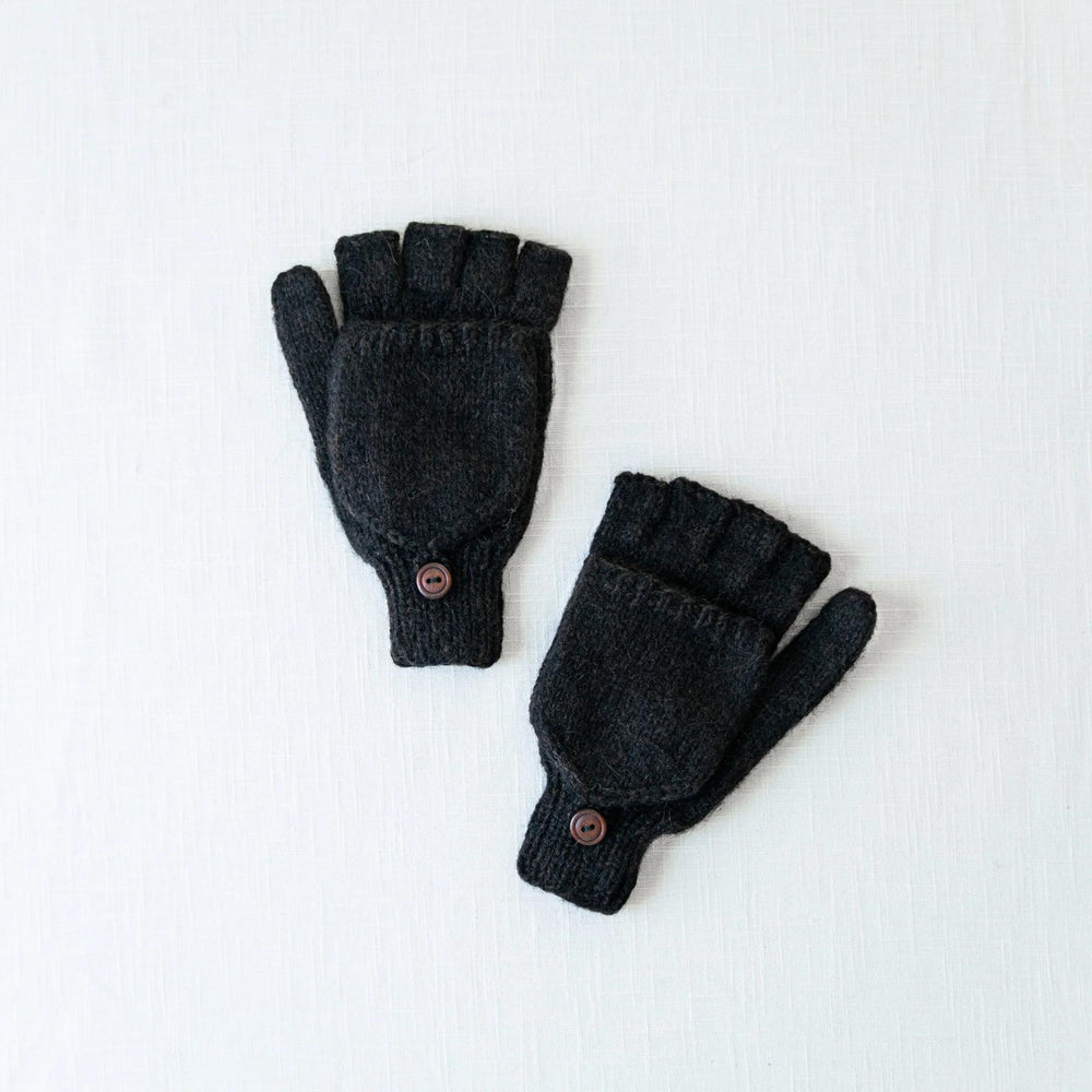 Pair of dark gray glove-mittens with button closures on a white background