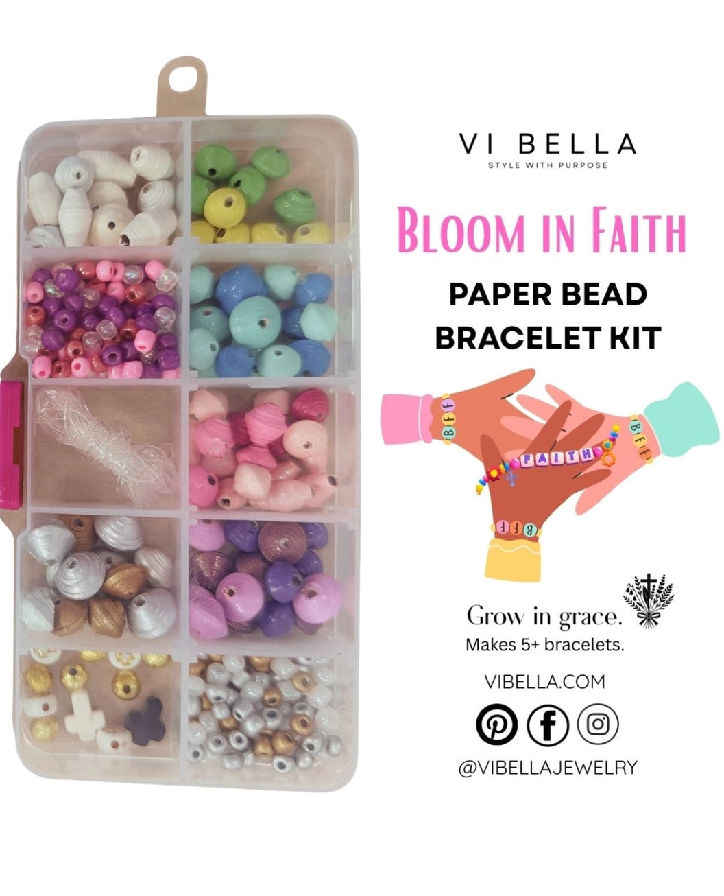 VI BELLA paper bead bracelet kit with colorful beads and tool on a white background
