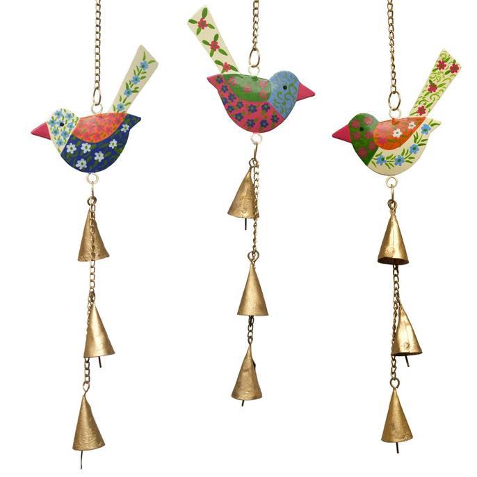 Three hand-painted bird wind chimes with tiered cone bells, made from upcycled metal, displayed against a white background.