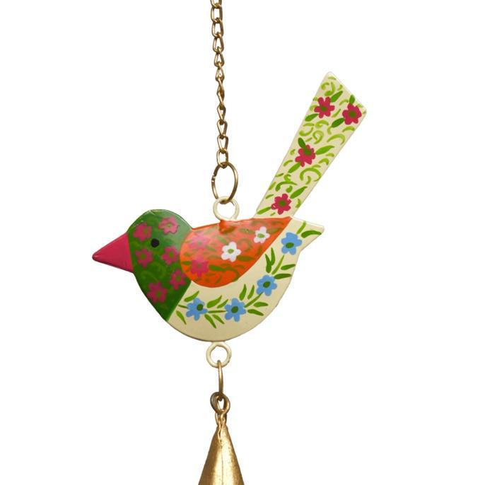 Close up of hand-painted bird wind chime with tiered cone bells, made from upcycled metal, displayed against a white background.