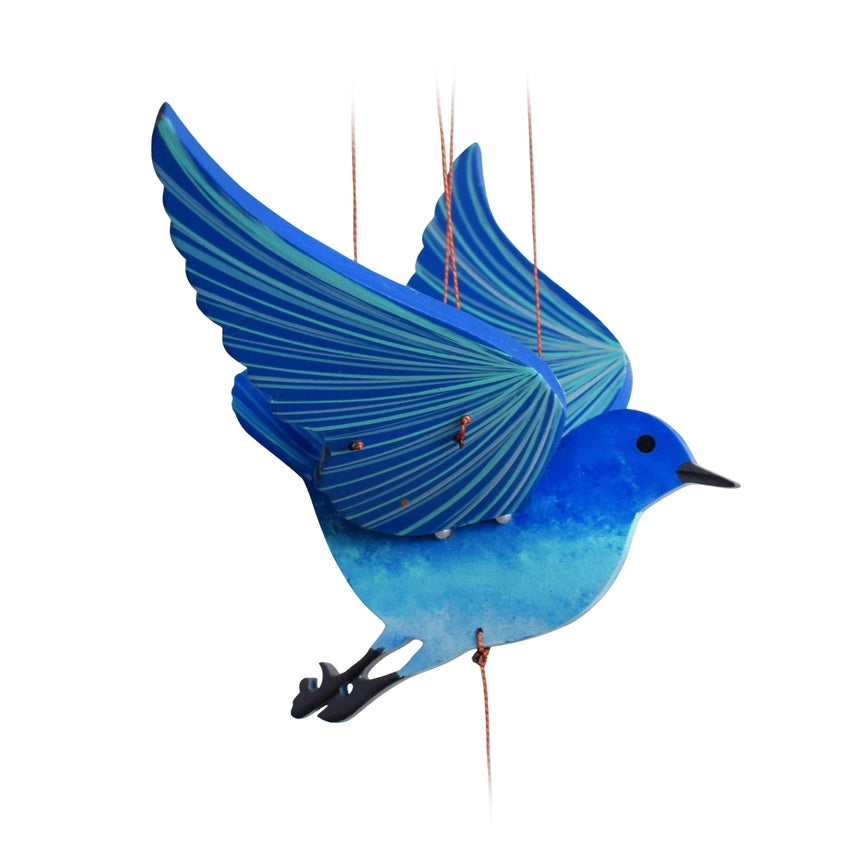 Blue bird-shaped mobile on a white background