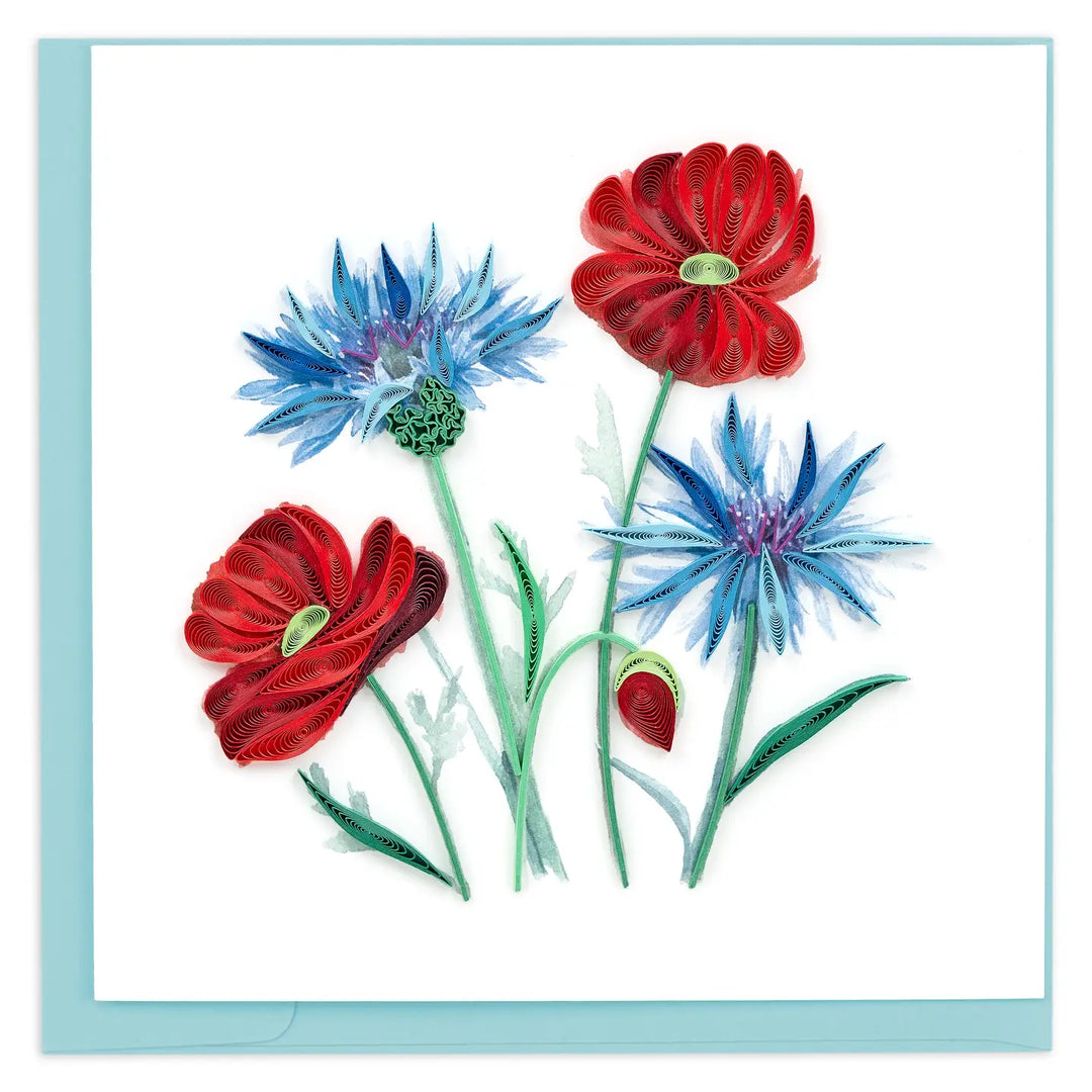 Quilling Card Blue Cornflower & Poppies