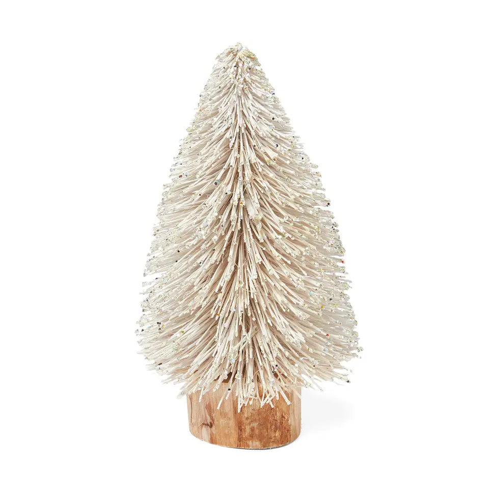 A small decorative tree with textured, brush-like off-white branches on a round natural wood base, photographed against a plain white background.