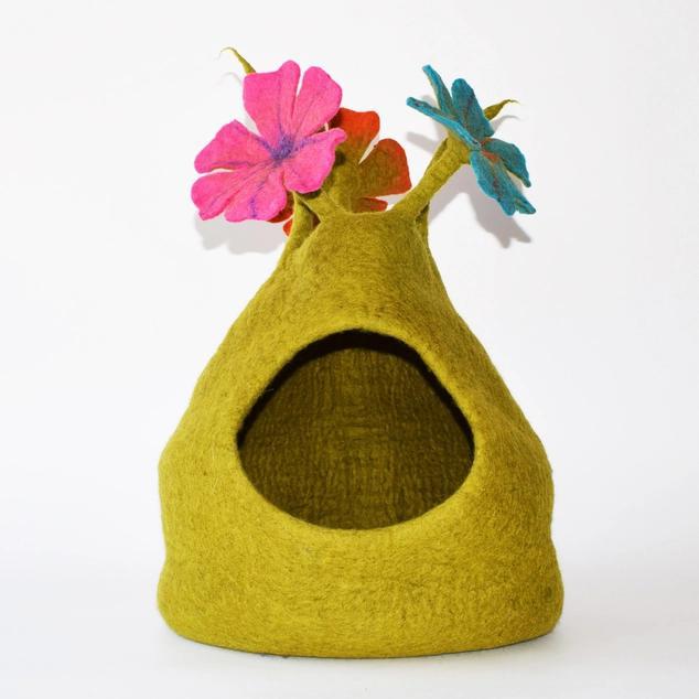 Yellow felt bouquet pet bed with colorful flowers on a white background