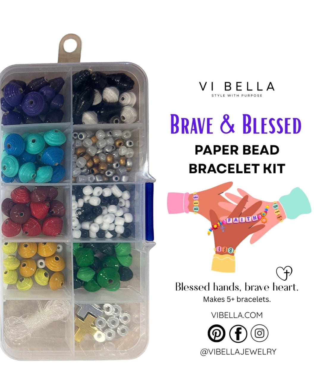 VI BELLA paper bead bracelet kit with colorful beads and tool on a white background