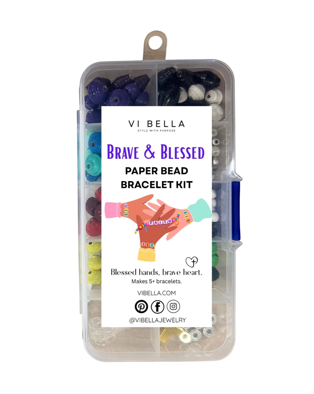 VI BELLA Brave & Blessed Paper Bead Bracelet Kit in a clear plastic organizer case with a white paper label, showing various colorful paper beads inside.