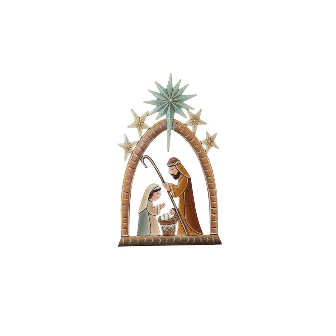 A small decorative nativity scene plaque featuring Mary, Joseph, baby Jesus in a manger, a gold star, and a mint-green star above, centered on a plain white background.