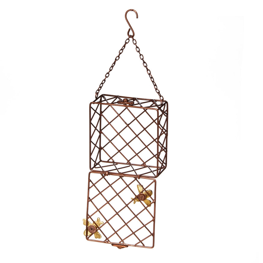 A copper-colored metal hanging bird feeder with two stacked square wire cages and small gold bees, suspended by a chain from a hook on a white background.