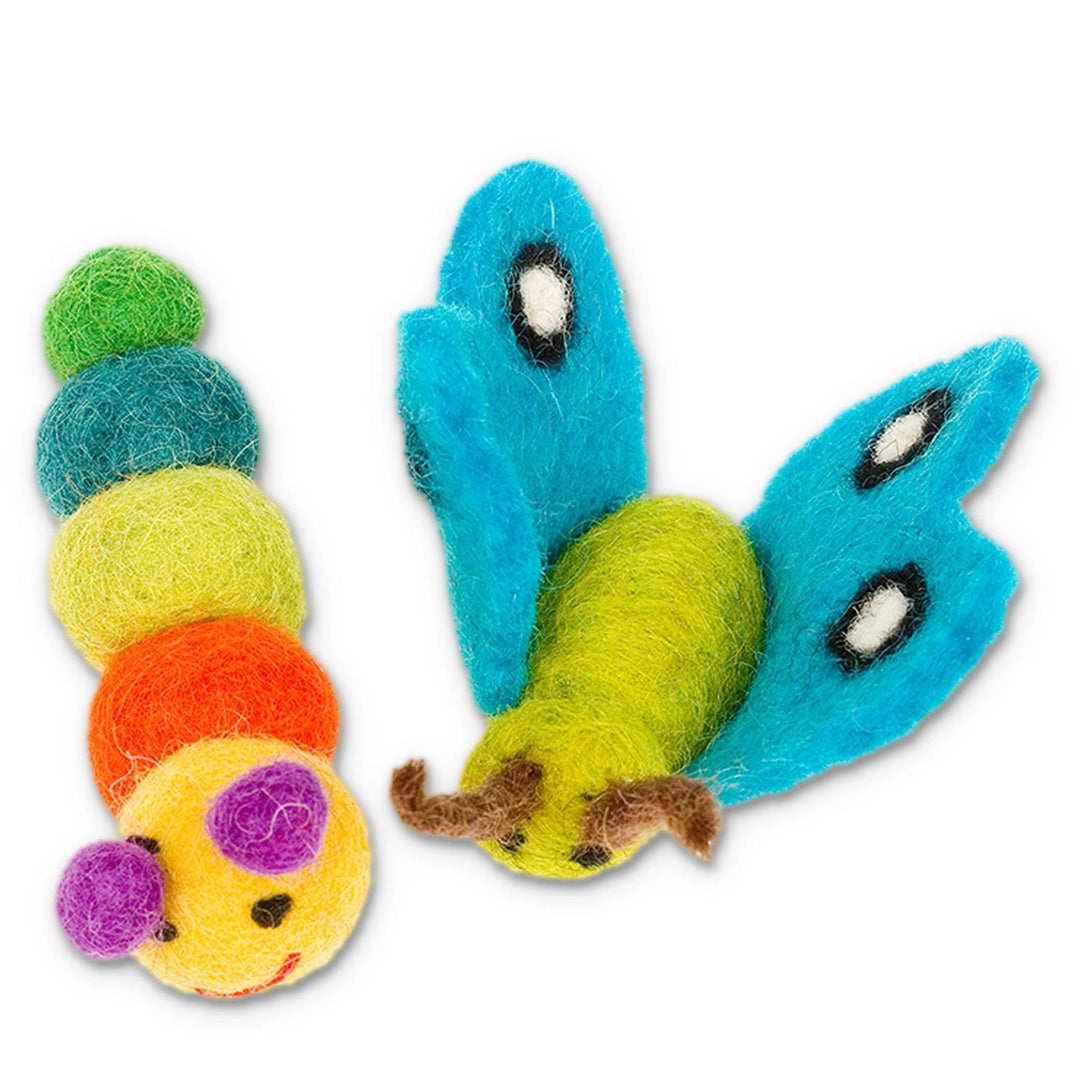 Colorful felted caterpillar and butterfly cat toy on a white background