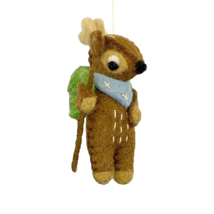 Felted deer ornament with backpack and scarf on a white background