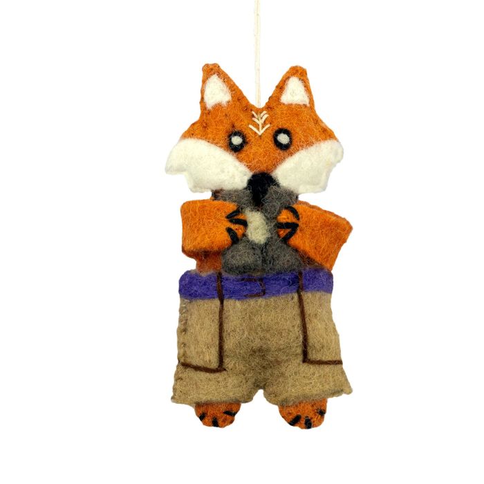 Felt fox ornament wearing shorts with a white background