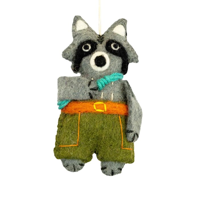 Felt raccoon ornament with a rope, and shorts on a white background