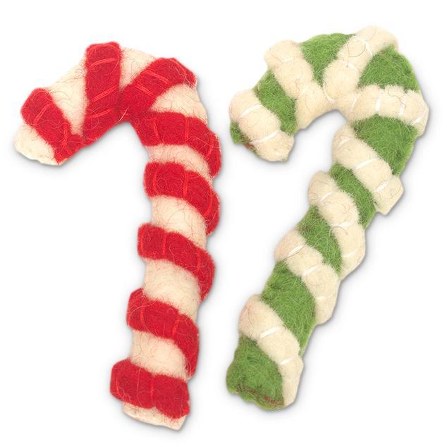 Two candy cane-shaped pet toys, one red and white, one green and white, on a white background.