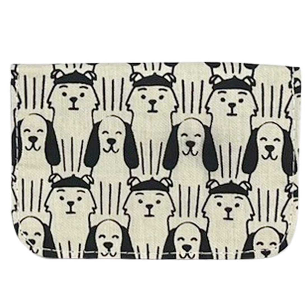 Rectangular pouch with black and white dog pattern on a white background