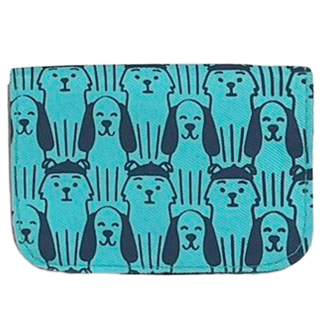 Teal pouch with dog pattern on a white background