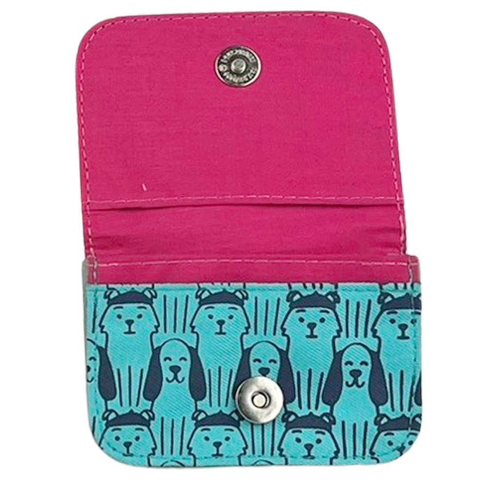 Two-tone pink and blue wallet with dog pattern on a white background