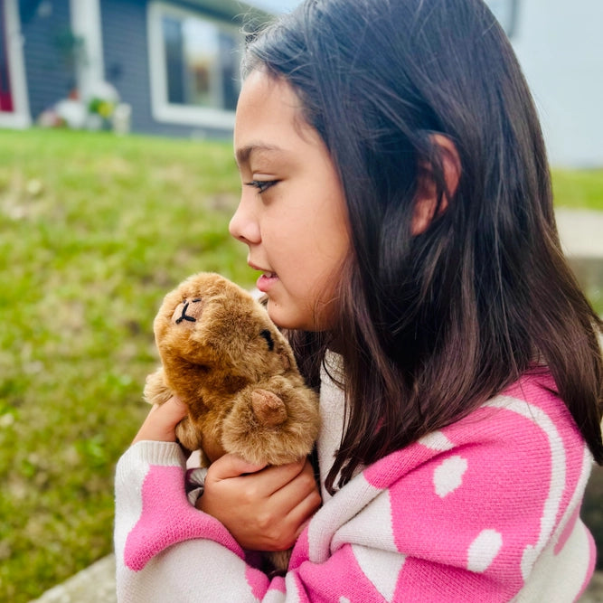 A young girl with long dark hair is shown in profile, holding a small brown plush capybara outdoors. She is wearing a pink and white patterned knit sweater, with a grassy lawn and a house in the blurred background.