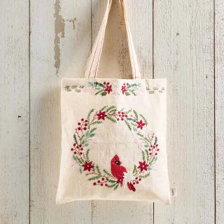 a cardinal embroidered canvas tote bag