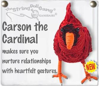 Handmade cardinal-shaped string doll keychain with text about nurturing relationships