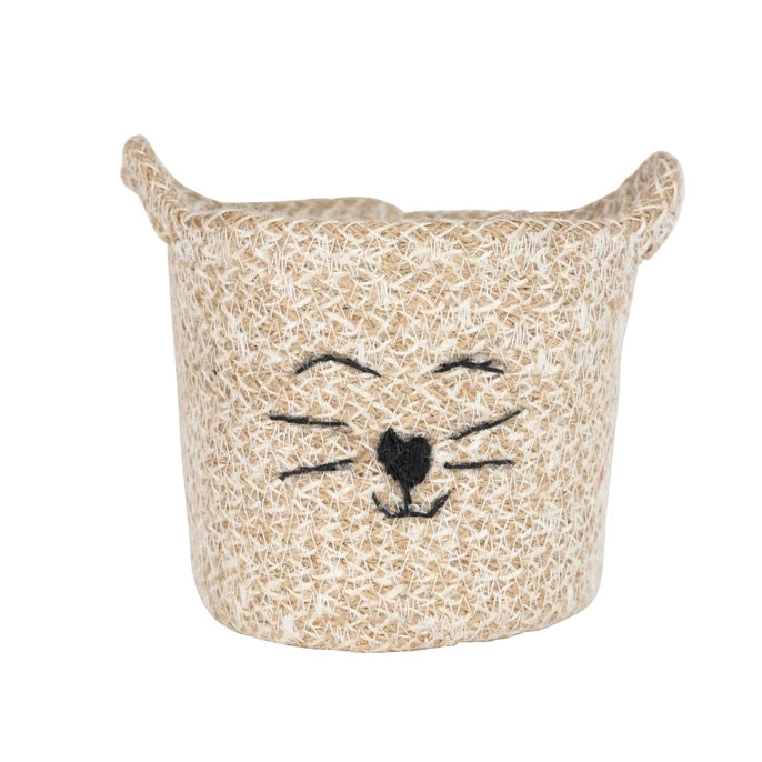 Textured storage basket with a cat face design on a white background