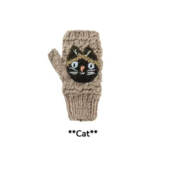 Knitted cat-themed fingerless glove on a white background