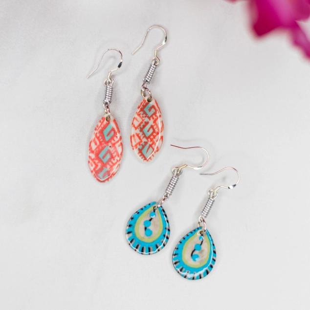 hand painted ceramic dangle earrings with colorful patterns