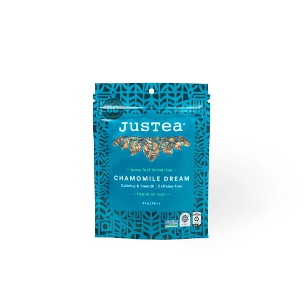 JusTea Chamomile Dream tea package on a white background