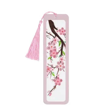 Bookmark with cherry blossom design and tassel on a white background