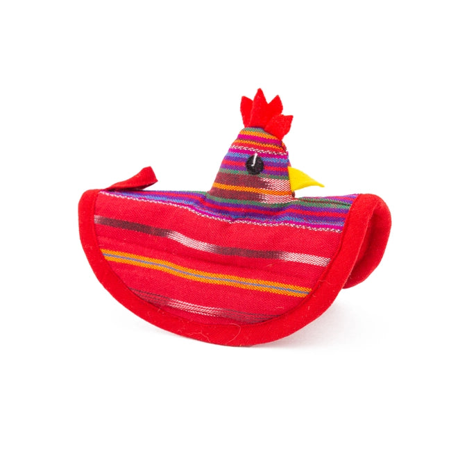 Colorful rooster pot holder on a white background