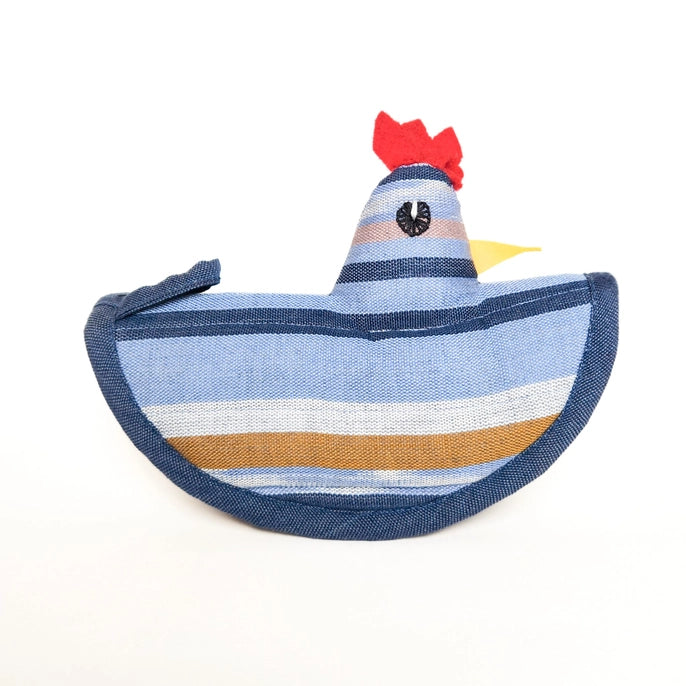 Striped rooster-shaped pot holder on a white background