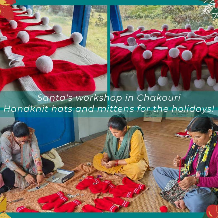 Collage of people working on hand-knitted red hats and mittens with text about Santa's workshop in Chakouri.