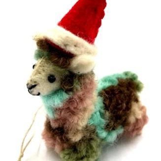 A handmade felt Christmas llama ornament with a Santa hat, featuring a mix of rainbow colors and a plush texture.