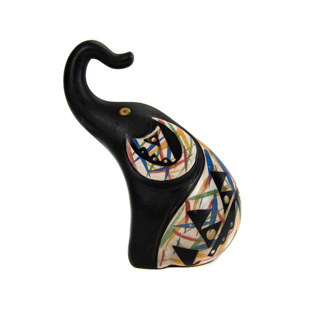 Decorative elephant figurine with abstract multicolor design on a white background