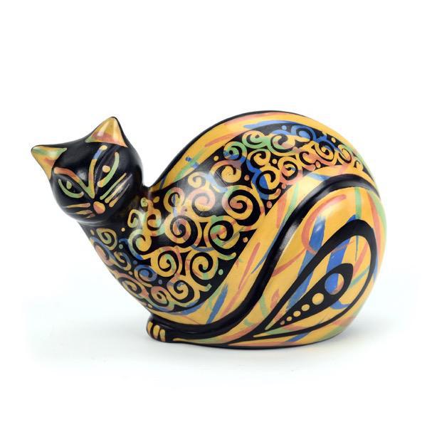Colorful ceramic cat figurine on a white background