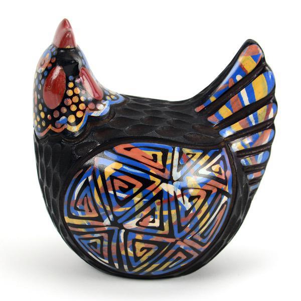 Decorative ceramic chicken figurine with colorful geometric patterns on a white background