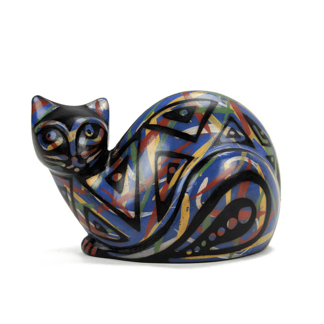 A multicolored ceramic sculpture of a cat with a geometric pattern.